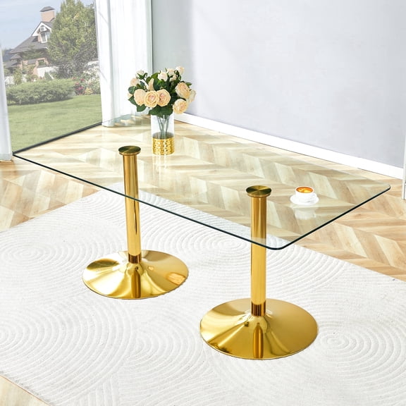 Hi loPres 71" Glass Dining Table with Gold Pedestal, Large Modern Tempered Glass Table for 6-8, Stable and Reliable Centerpiece for Home Office