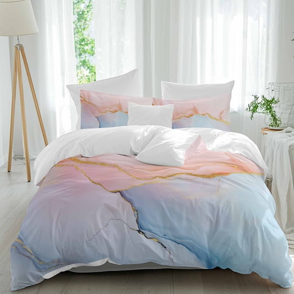 3 Piece Pink Blue Marble Duvet Cover Set California King, Microfiber Comforter/Quilt Cover with Corner Ties and 2 Pillowcases, Modern Ink Painting Abstract All Season Soft Bedding with Zipper Closure