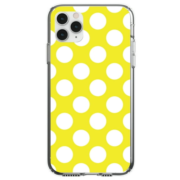 DistinctInk Clear Shockproof Hybrid Case for iPhone 11 Pro (5.8" Screen) - TPU Bumper, Acrylic Back, Tempered Glass Screen Protector - White & Yellow Polka Dots