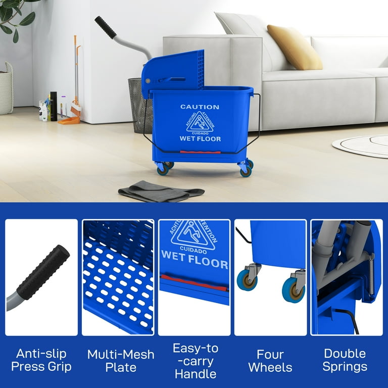HOMCOM Compact Mop Bucket with Wringer on Wheels for Floor
