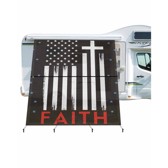 4th of July RV Awning Sun Shade Screen 9'X7' Patriotic American Flag Mesh Sunscreen Black Stars Stripes Faith Awning Shade Screen with Zipper UV Blocker Completed Kits for RV Motorhome Camper