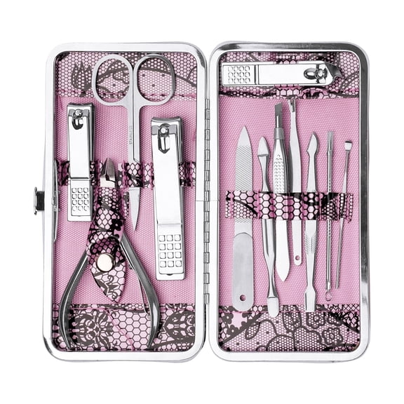 PLNYA 12-Piece Stainless Steel Manicure Set with Nail Clipper & Fingernail Clipper, Pink Grooming Kit for Men & Women