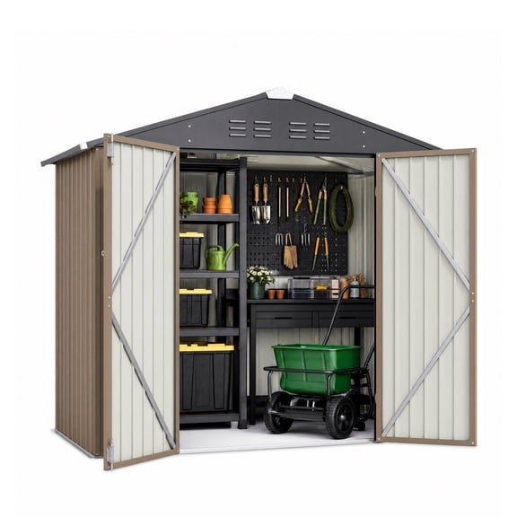 6 X 4.5 FT Shed Outdoor Storage Shed, Brown | Metal Shed with Lockable Doors & Slooping Roof Garden Tool Shed for Backyard, Patio, Poolside