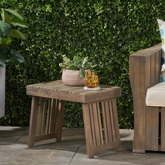 Outdoor Foldable Accent Side Table, Acacia Wood Craft Leisure Table for Patio Garden, Gray