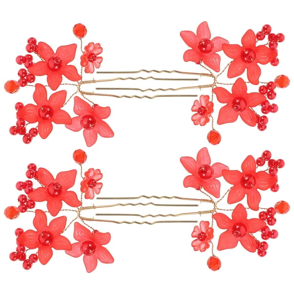 LOLIPPYY Red Chinese Hair Sticks for Buns, Decorative Flower Hair Forks, Acrylic Metal with Smooth
