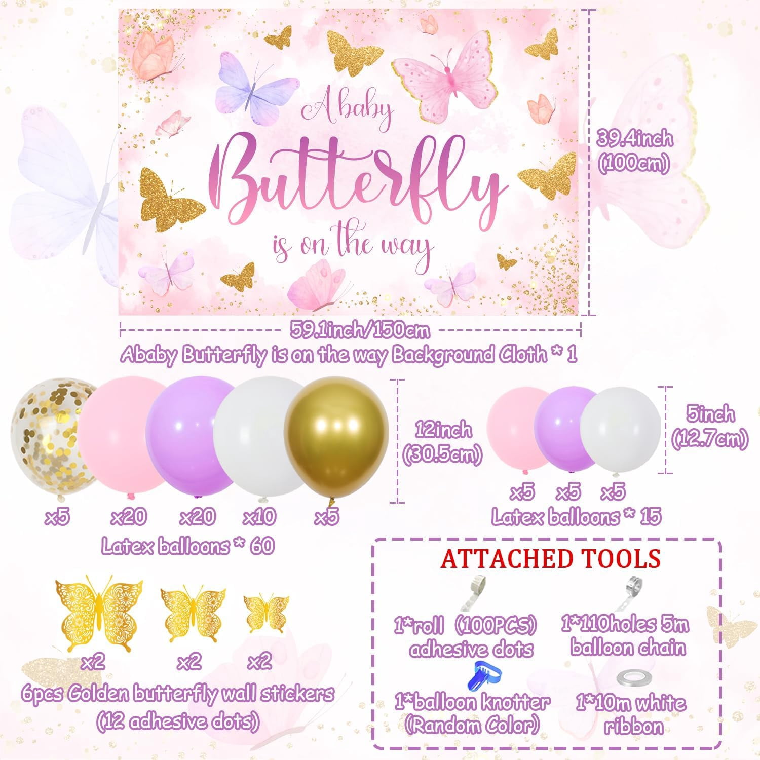 A Baby Butterfly Is On The Way Baby Shower Decorations Purple Gold Balloon Garland Arch Kit Glitter Butterfly Backdrop Golden Butterfly Wall Stickers for Girls Baby Shower Gender Reveal Decor Supplies