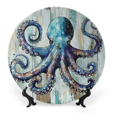

RUIYC Artistic Octopus Painting Ceramic Bone China Decorative Plate for Home Office Wall Decor Room Decoration 8x8inch