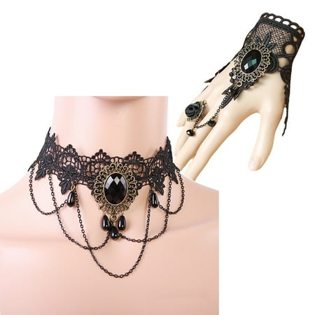 Lace Necklace with Bracelet Set, Gothic Vintage Handmade Retro Bracelet Choker, Vampire Wristband, for Halloween Dance Party