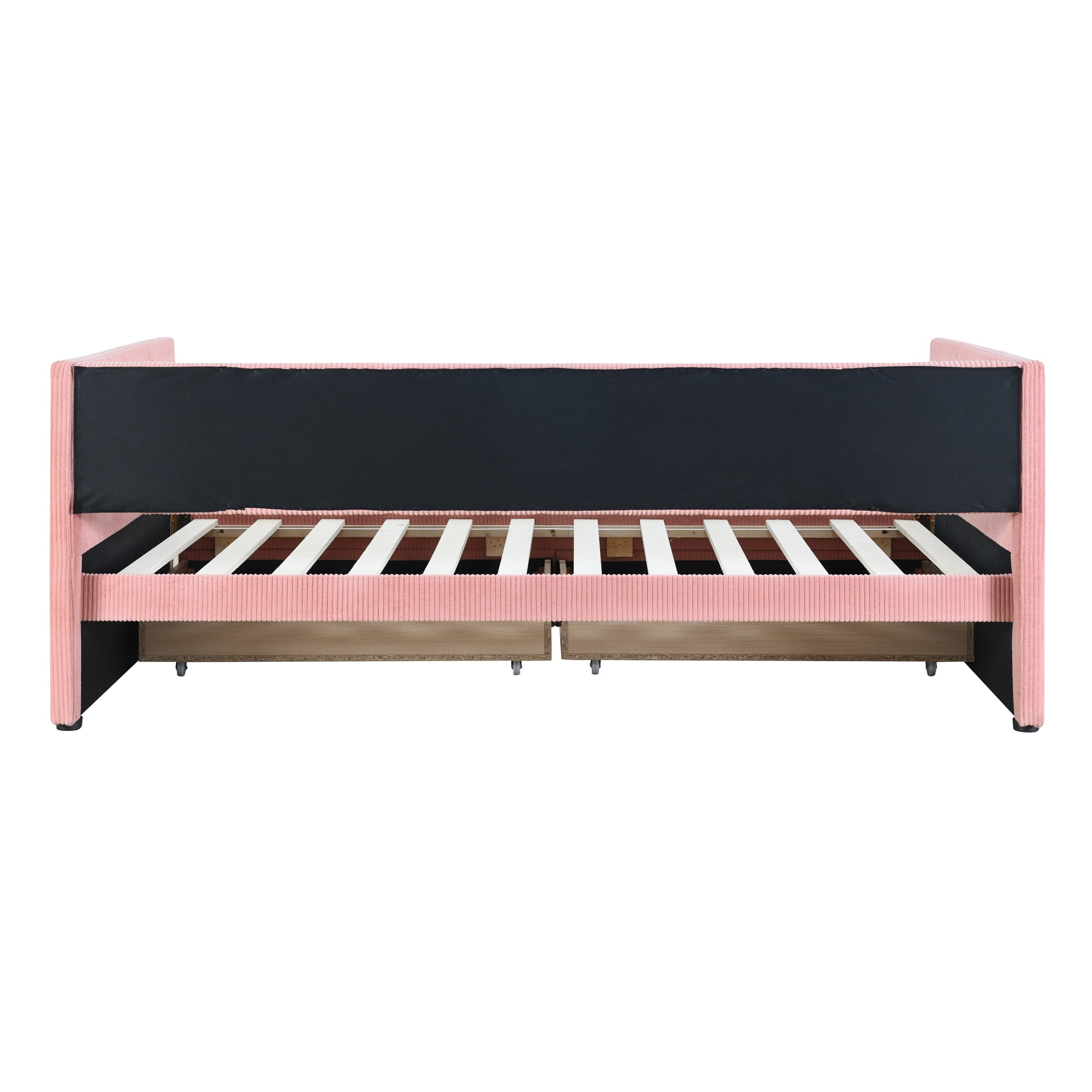 Modern Twin Size Upholstered Daybed with 2 Storage Drawers, Corduroy Fabric Daybed Sofa Bed Frame with Armrests and Wood Slat Support for Bedroom Living Room,Pink