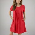 thumbnail image 5 of BRGZLK Girl's Summer Dresses Cute Solid Color Short Sleeve Round Neck Pleated Front Swing Flowy Midi Dress with Pockets Red 12-13 Years, 5 of 6