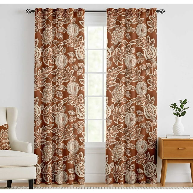 Vargottam Cotton Rod Pocket/Back Tab Curtains - 96" Floor-Length Drapes for Long Doors or Large Windows - Light Filtering, 3-in-1 Header - Set of 2, 52"x96" - Fruits Pattern (Brown)