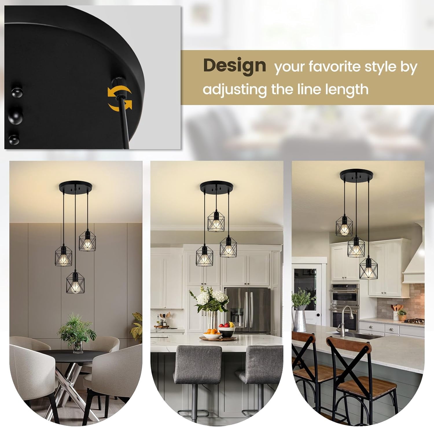 3-Light Pendant Light Fixtures, Farmhouse Hanging Pendant Lighting, Dining Room Chandelier, Industrial Kitchen Island Hanging Light Fixture, Black Metal Cage Pendant Ceiling Lamp for Kitchen