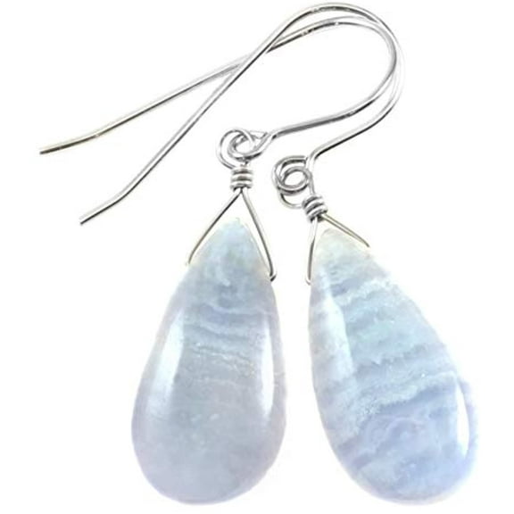Sterling Silver Blue Agate Earrings Lace Blue Striping Smooth Teardrops Contemporary Simple Drops Designed for Adult Women