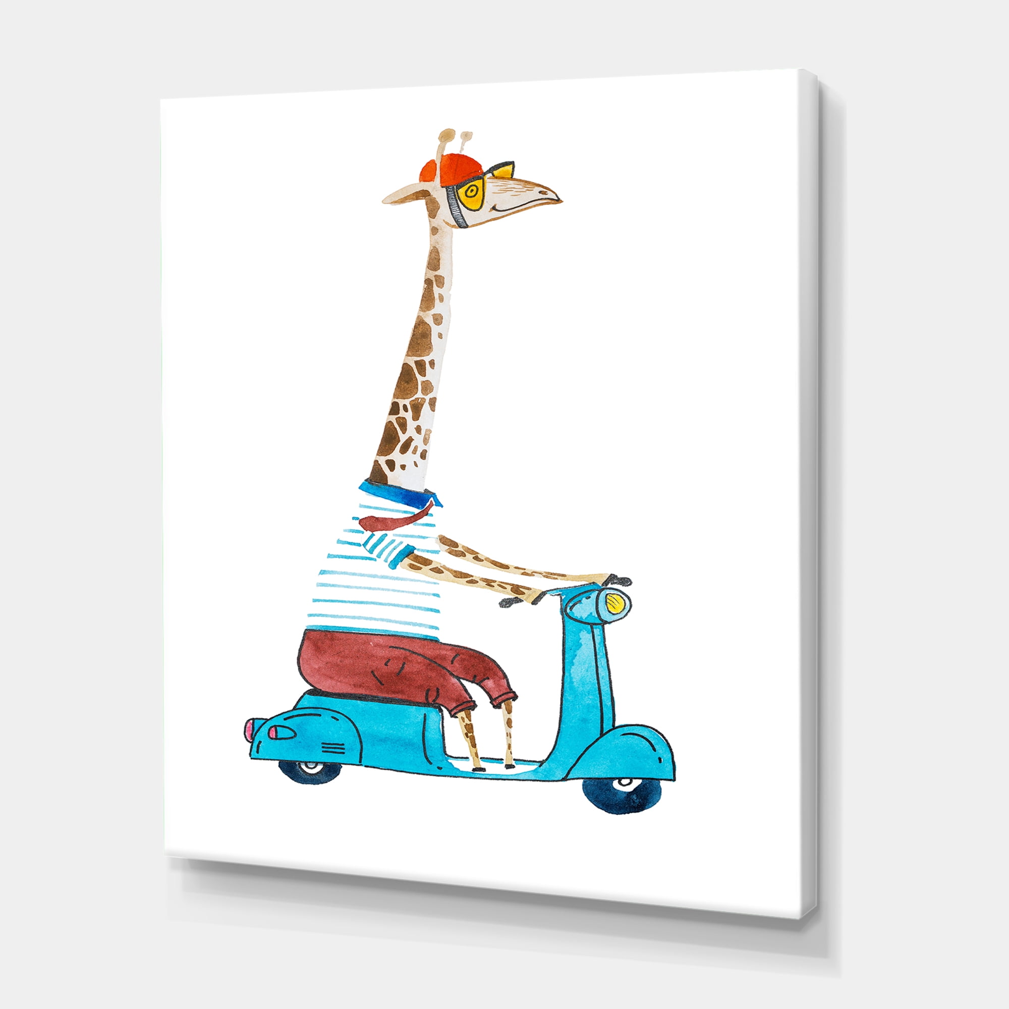Designart ' Giraffe Dressed Up Wearing Helmet & Riding Blue Scooter ' Children's Art Canvas Wall Art Print