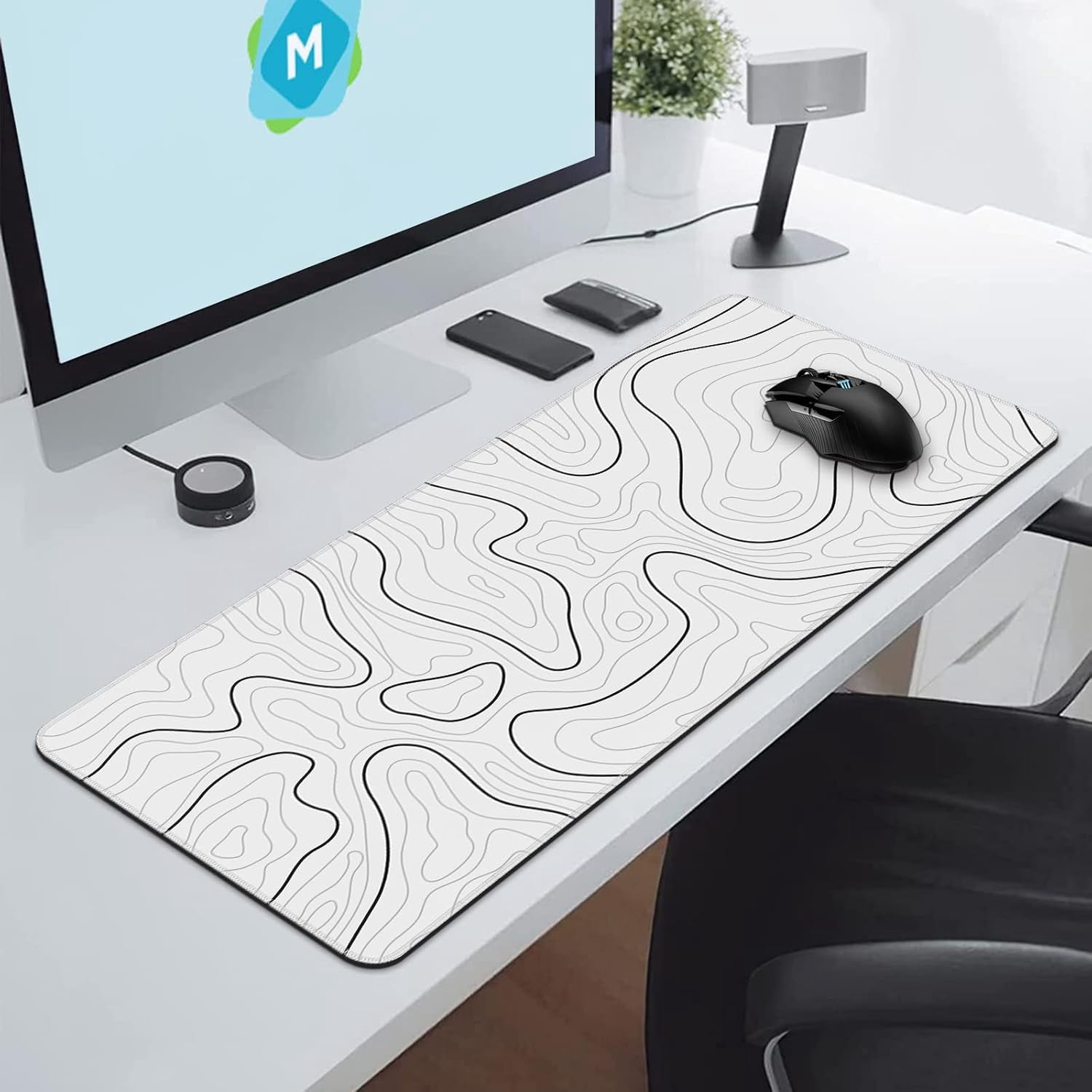Mouse Pad Gaming Mousepad 31.5 x 11.8in Large Mouse Pad for Keyboard and Mouse with Anti-Slip Rubber Base, Keyboard Pad XL Mouse Mat for Home and Office（Black with White Topographic Line）
