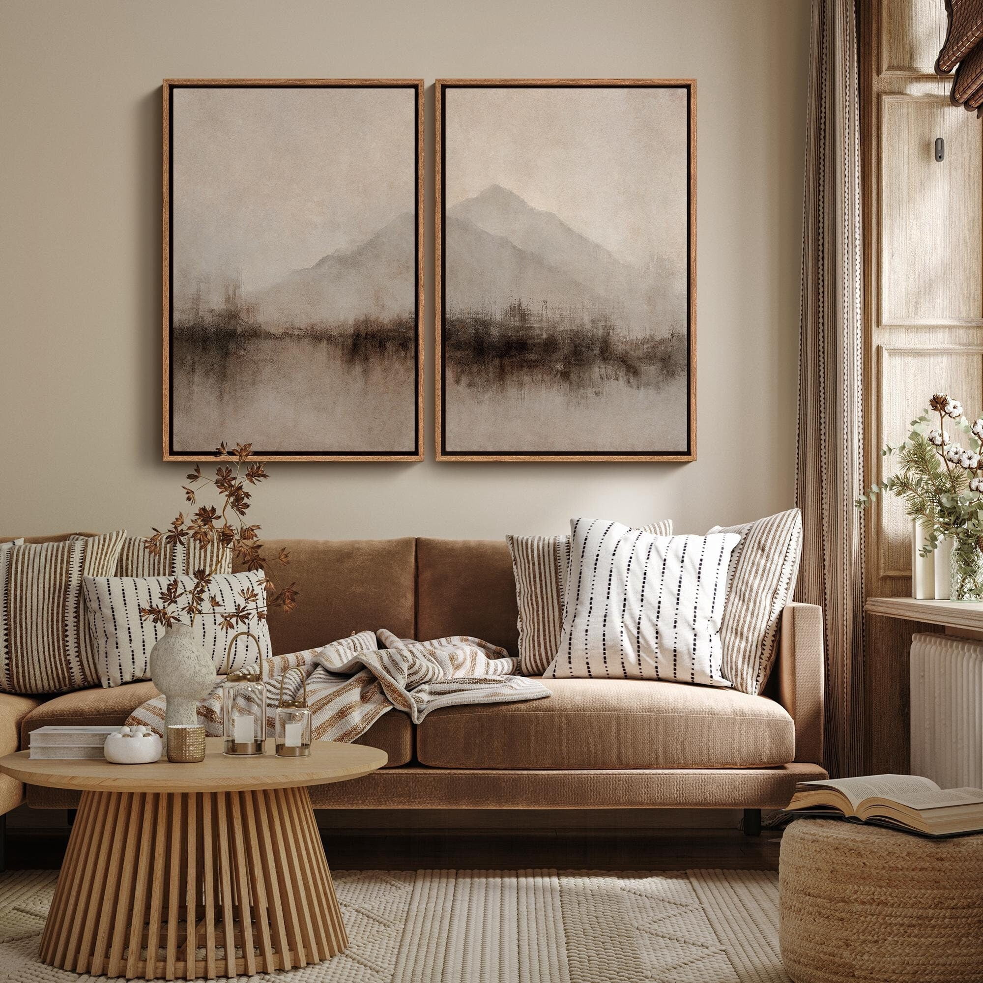 Neutral Minimalist Mountain Wall Art Japandi Abstract Landscape Art Prints Beige Zen Nature Decor for Living Room Set 2