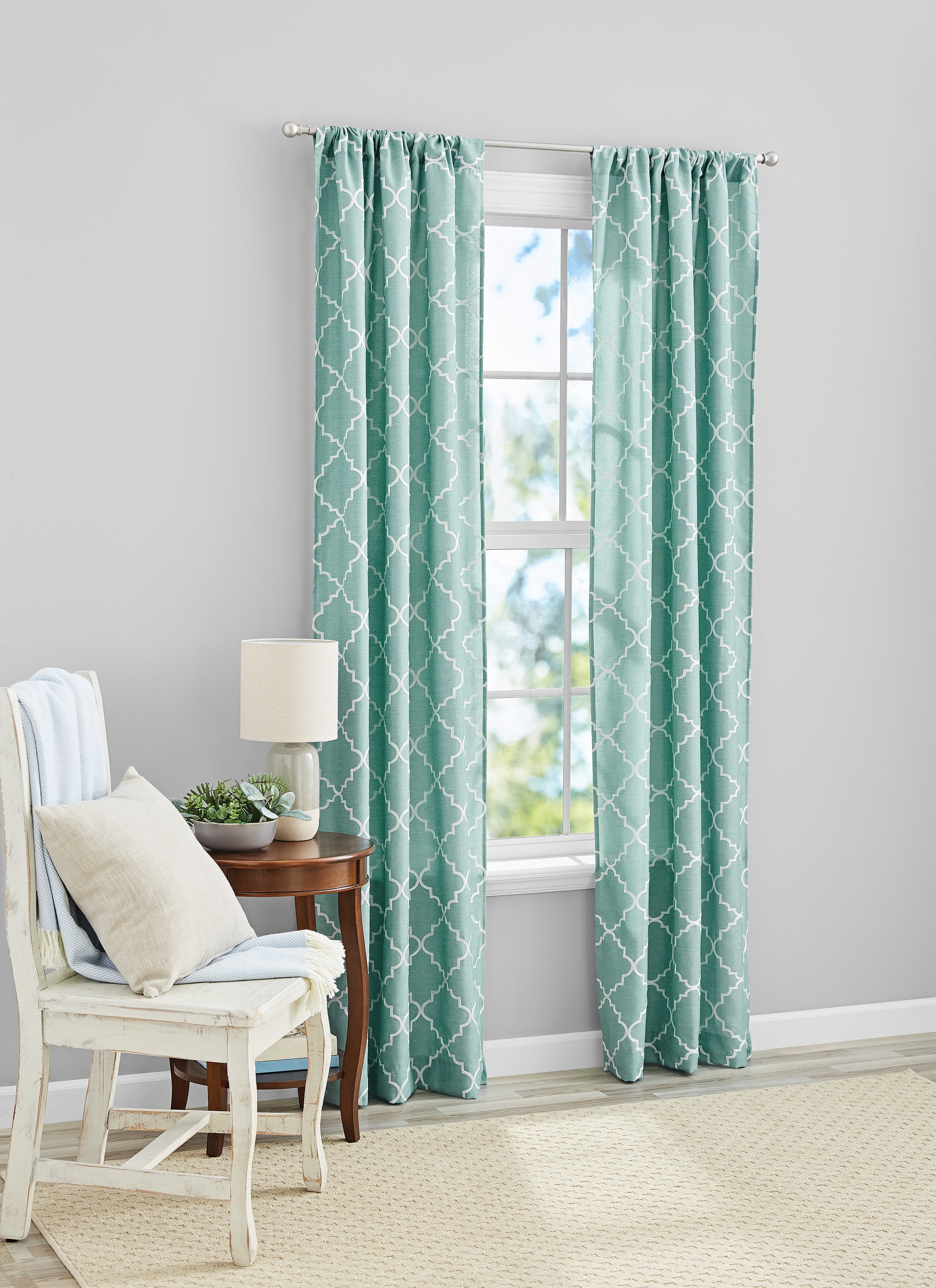 Mainstays Embroidered Heather Curtain Panel Pair, 37 in x 84 in, Aqua