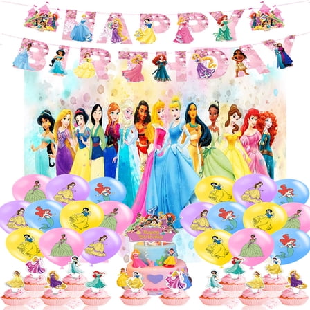 Princess Party Supplies Pack Includes， Banner， Backdrop, Cake Topper，Balloons for Princess party Decoration