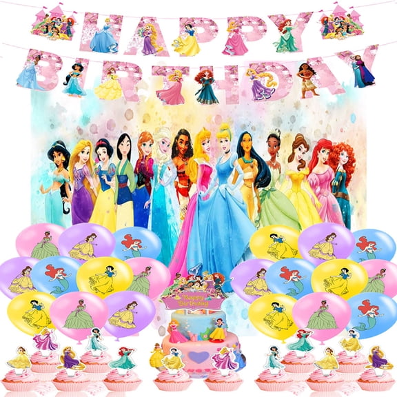 Princess Party Supplies Pack Includes， Banner， Backdrop, Cake Topper，Balloons for Princess party Decoration