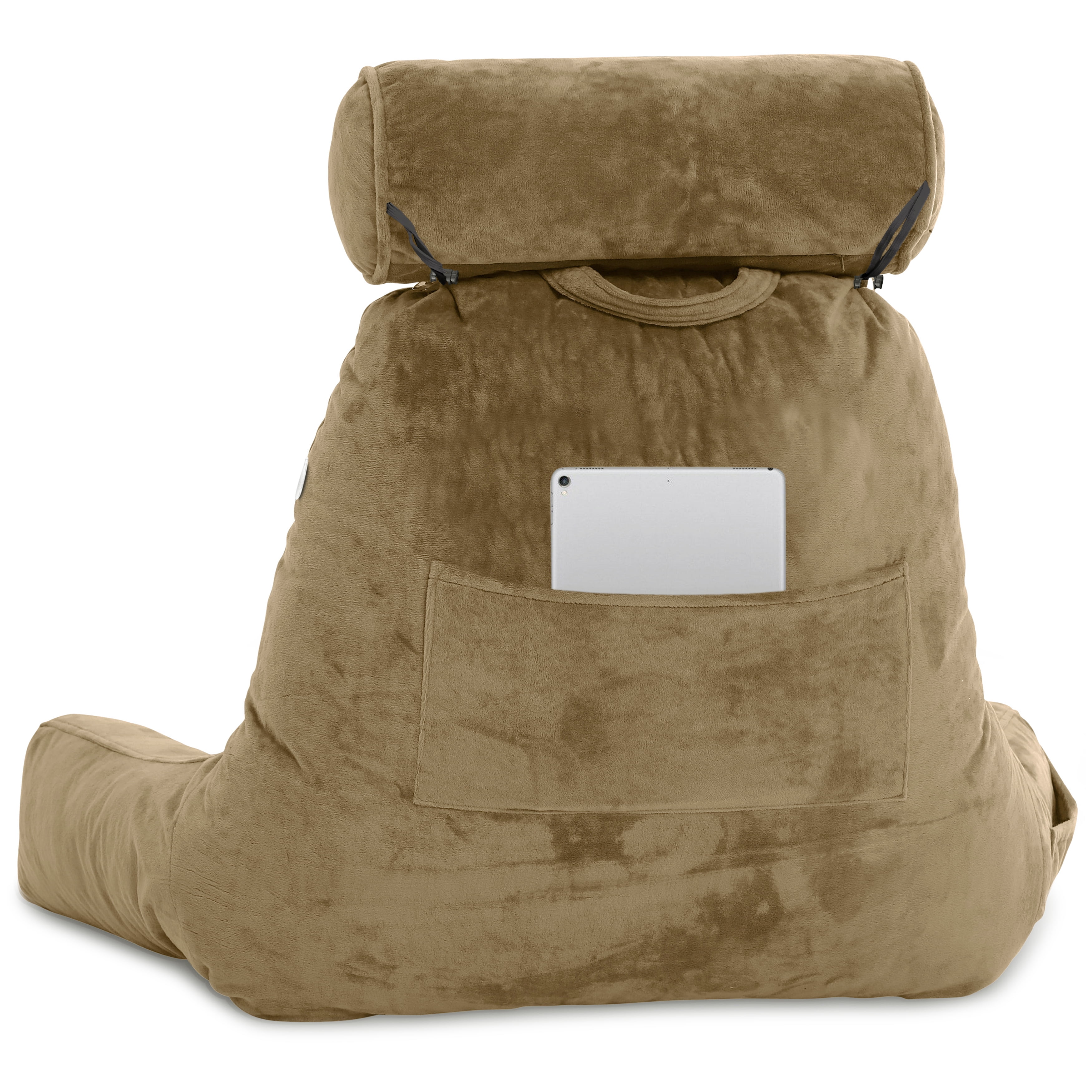 Husband Pillow Medium Tan, Backrest for Kids, Teens, Petite Adults - Reading Pillows With Arms, Adjustable Loft, Plush Memory Foam, Bed Rest Chair for Sitting Up, Detach Neck Roll, Removable Cover