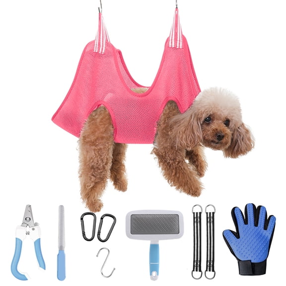 Kwa Heri Dog Grooming Hammock with 11-Piece Pet Grooming Tool Kit, Small Dogs Harness Holder Sling for Nail Trimming, Ear Cleaning & Eye Care, Restraint Bag for Small Cats & Dogs (Pink)