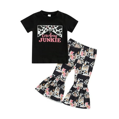

HIBRO Kids Toddler Baby Girls Short Sleeve Cartoon Letter TShirt Tops Cow Printed Flare Pants Outfits Set 2PCS Come Home Baby Girl Letter Set