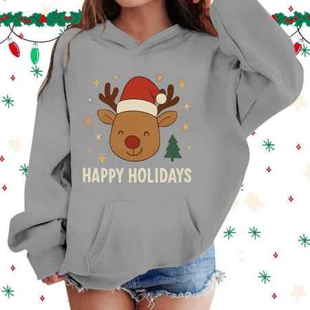 Christmas Hoodies Kids Holiday Graphic Print Hooded Pullover Sweatshirt For Girls And Boys Cozy Soft Casual Playwear Top 9-10 Years