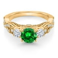 thumbnail image 2 of Gem Stone King 18K Yellow Gold Plated Silver Green Created Emerald and White Moissanite Engagement Ring for Women (1.47 Cttw, Gemstone May Birthstone, Round 6MM and 3MM, Size 5), 2 of 4