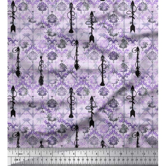 Soimoi Silk Fabric Arrow & Ogee Damask Printed Fabric 1 Yard 42 Inch Wide