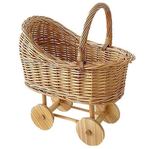 Cesta de flores con forma de cochecito de ratán tejido con asa, cesta decorativa for dulces