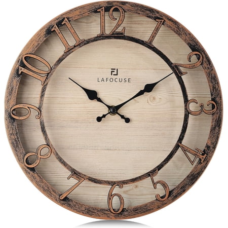 12 Inch Brown Kitchen Farmhouse Wall Clocks Battery Operated | Raised 3D Numbers, Silent Non-Ticking, Wood-Grain Dial, Vintage Antique Rustic Distressed Style for Living Room Decor Bedroom
