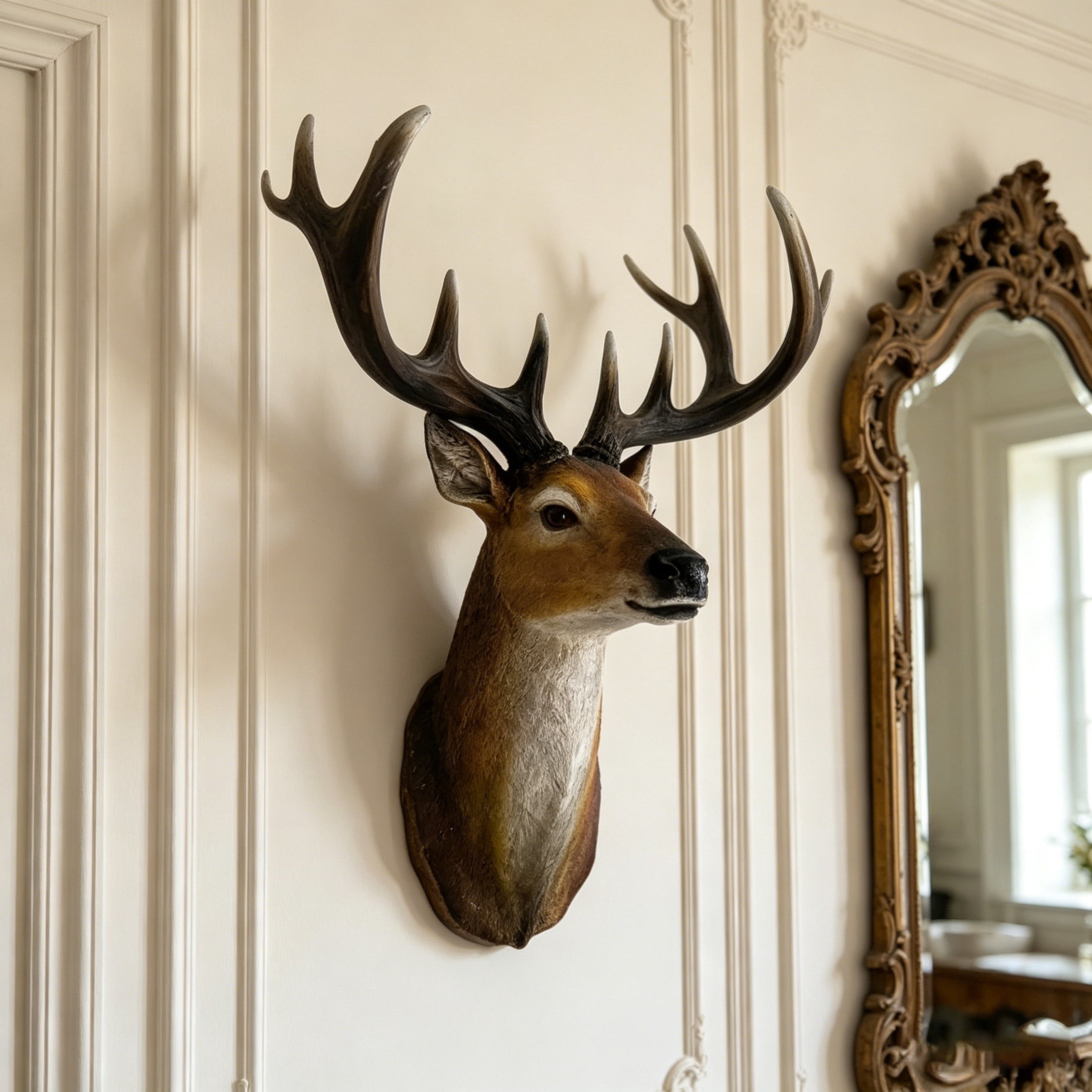 GDF Studio 14" Realistic Stag Head Wall Sculpture, Resin Deer Bust with Antlers Decor Gifts for Wildlife Lovers