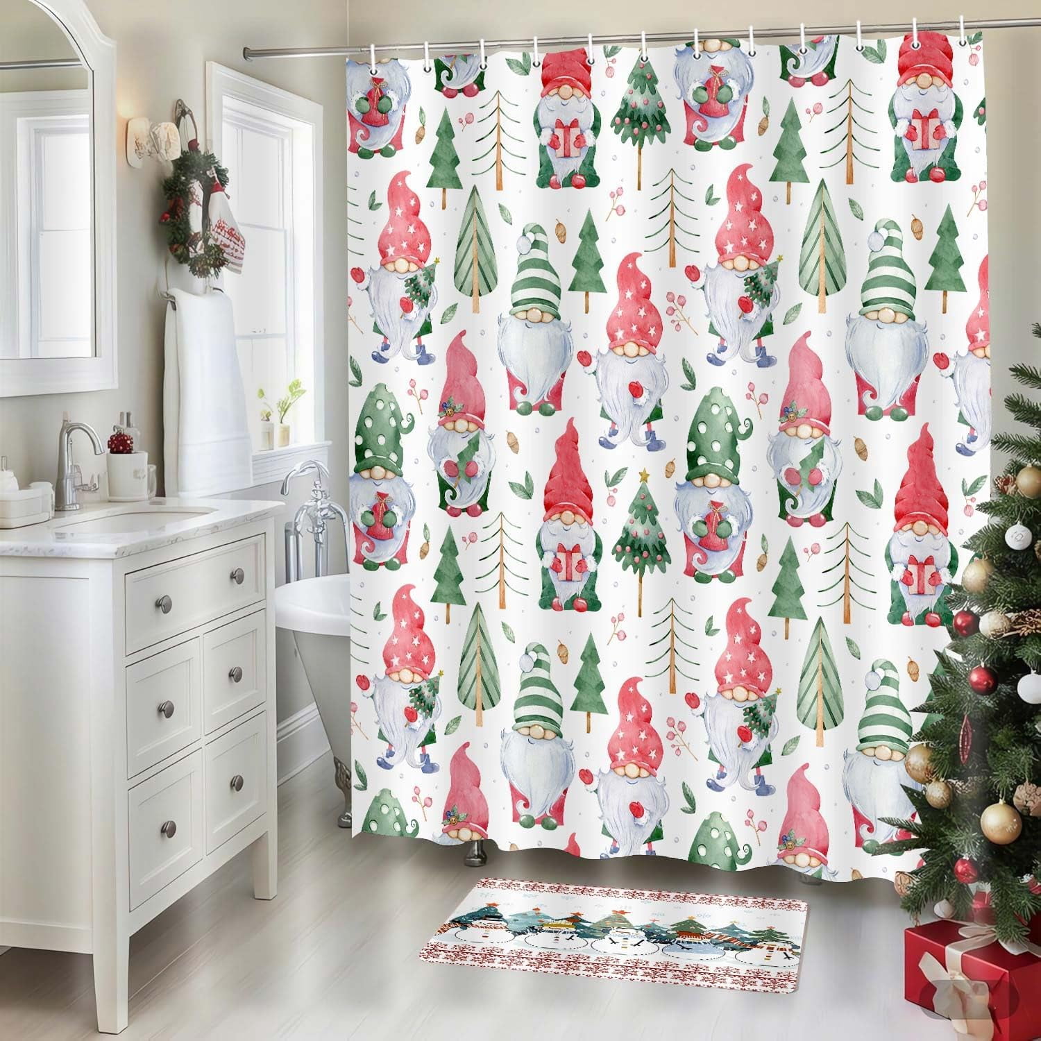 Farmhouse Christmas Shower Curtain Cute Gnomes, Gnomes Holding Xmas Gifts Bathroom Curtain Christmas Pine Tree, Winter Holiday New Year Bathroom Decorations with Hooks 72x72IN