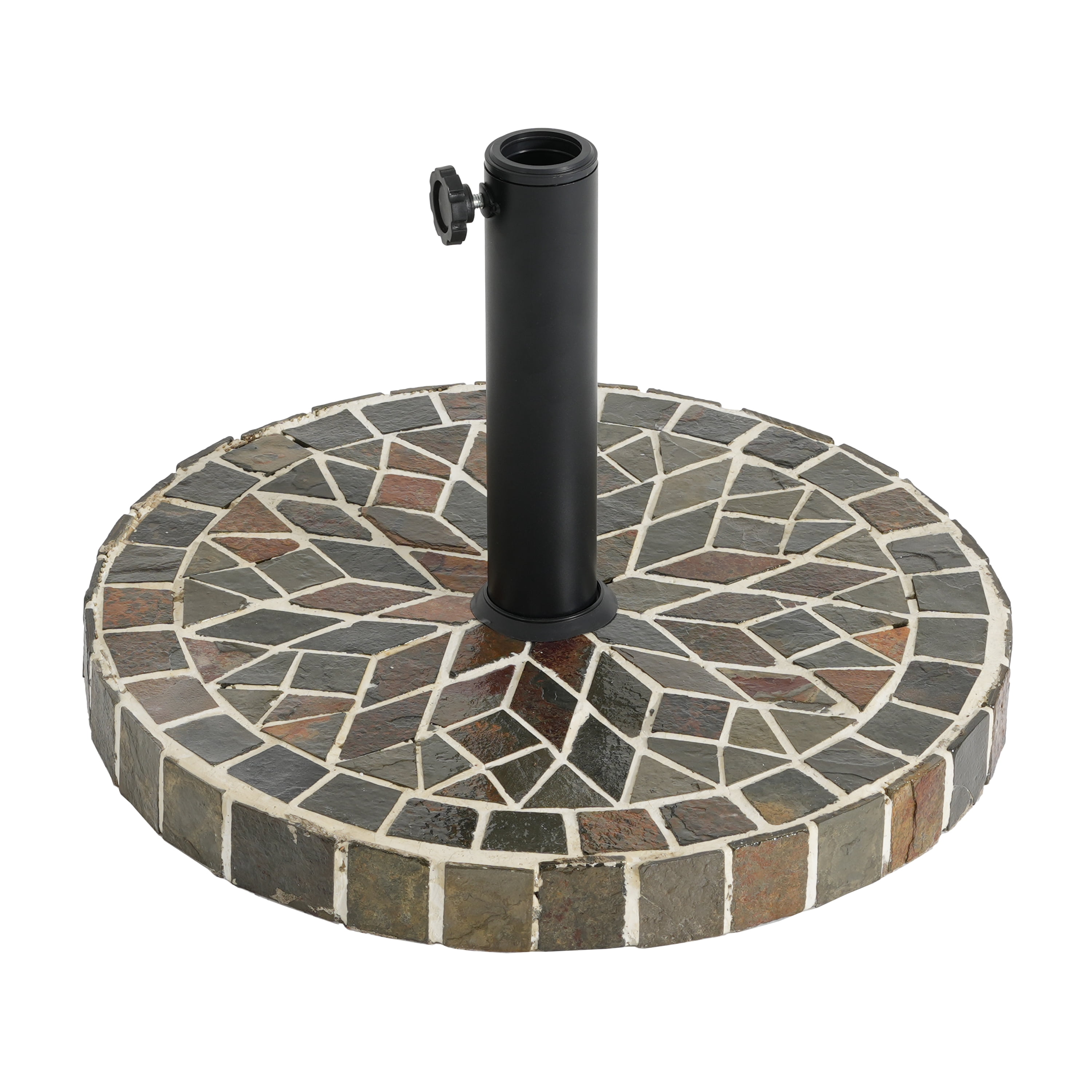 Umbrella Base with Ceramic Tile Mosaic and Concrete Fill, Round Patio Umbrella Stand and Outdoor Shade Base with Iron Pole, Mixed Color