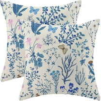 Summer Pillow Covers 20x20 Inch Set of 2,Blue Wild Flower Plant Throw Pillows Case,Seasonal Floral Outdoor Decorative Square Linen Farmhouse Decor Cushion Covers for Home Sofa Bed Couch