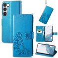 thumbnail image 1 of Wallet Case For Samsung Galaxy S21 FE, Clover Embossed Magnetic Closure Premium PU Leather [Folio Flip][Kickstand][Card Slots][Wrist Strap][Kickstand]Phone Cover For Samsung Galaxy S21 FE, Blue, 1 of 7