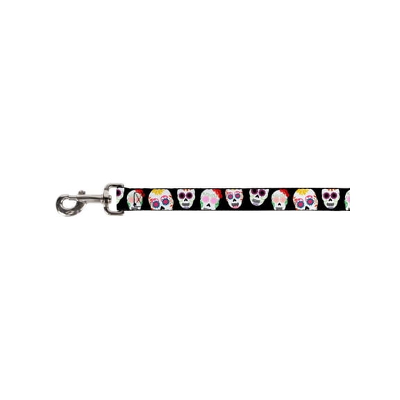 white floral eye skulls on black fun animal pet dog cat leash