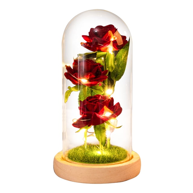 Adorno de rosa de cristal con forma de cúpula, tira de luz LED, bendición romántica, cubierta de cristal, flores artificiales para novia
