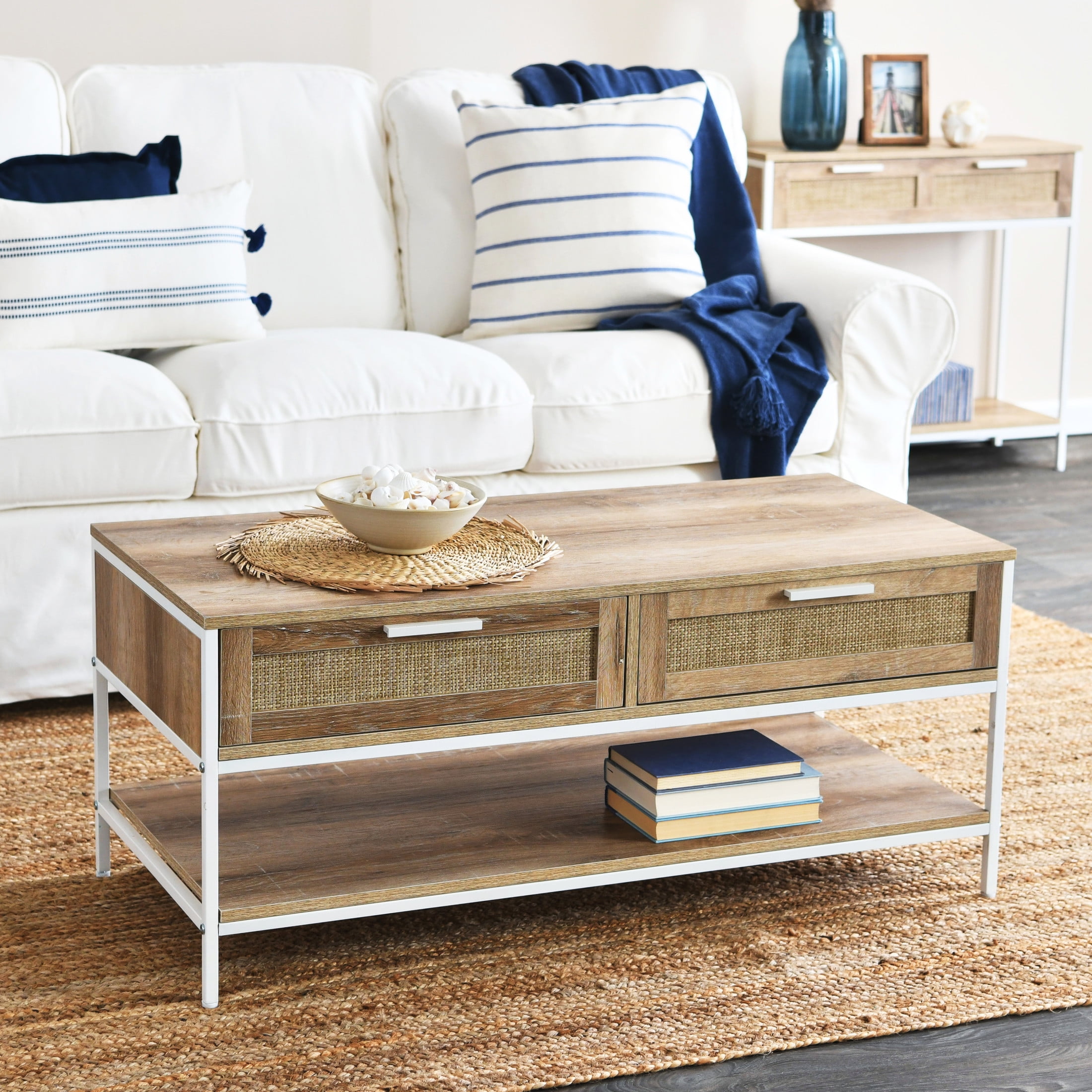 Household Essentials Bungalow Rectangular Coffee Table with Storage Shelf and 2 Drawers Coastal Oak Rustic Wood Grain Woven Front and White Metal