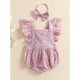 thumbnail image 2 of Baby Girls Summer Romper with Headband, Plain Fly Sleeves Lace Square Neck Tie-Up Romper, Infant Snap Triangle Backless Jumpsuit, 2 of 9