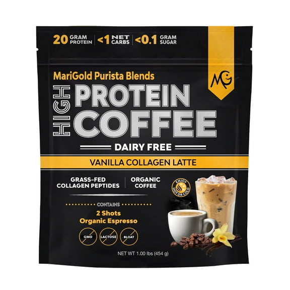 MariGold High Protein Coffee Powder - Vanilla Collagen Latte, Dairy Free, Grass-Fed Type I & III Collagen - 1lb