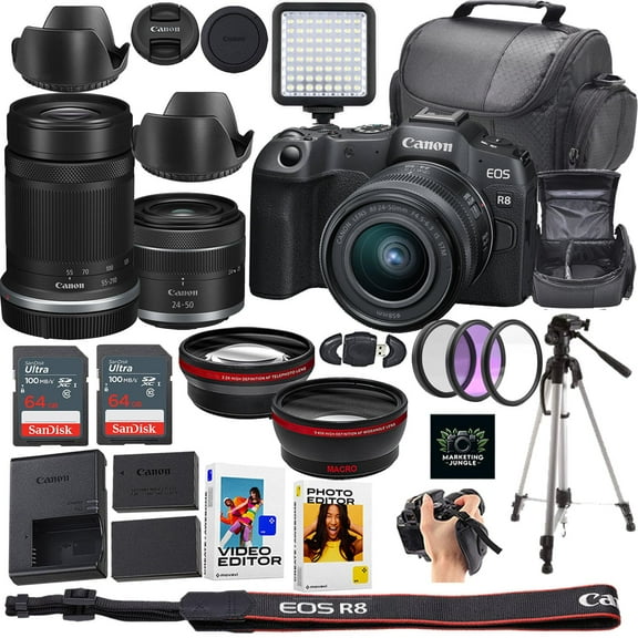 Canon EOS R8 Mirrorless Camera   RF 24-50mm f/4.5-6.3 is STM Lens   Canon RF-S 55-210mm f/5-7.1 is STM Lens   64GB SanDisk Memory Card   Extra Battery   Tripod   More (23pc Bundle)