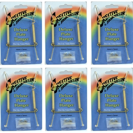 6 Inch Base Plate - Creative Hobbies Deluxe Plate Display Hangers, Spring Style, Expandable to Hold 5 to 7 Inch Plates- Gold Wire Spring Type, Hanger Hooks & Nails Included -Pack of 6 Hangers