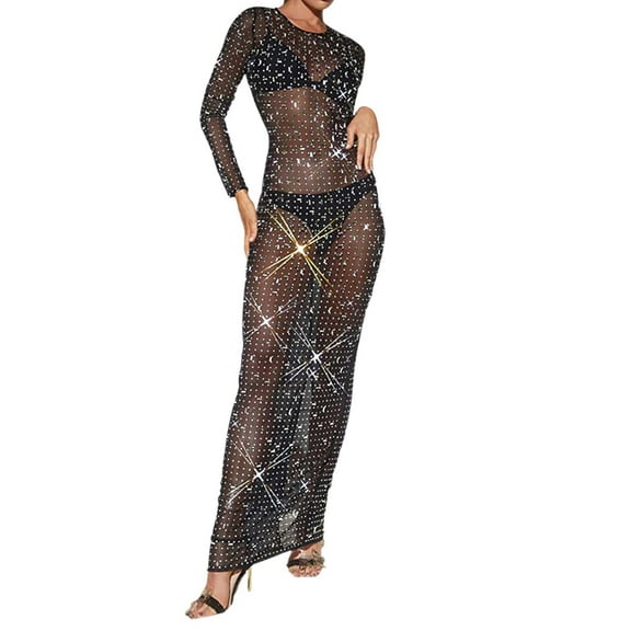 Women's Solid Color Mesh Long Sleeve Rhinestone Maxi Dress Elegant Evening Gown For Parties And Events Prom Dress Long Slit Ladies Formal Dresses Evening Jacket for Dresses Occasions Women Wedding