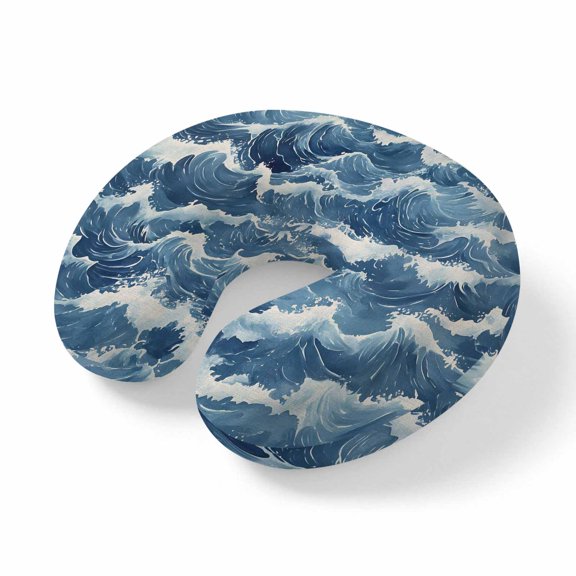 Neck Pillow, Ocean Waves Memory Foam U-Shaped Travel Pillow for Airplane Car Train Office Nap, Portable Soft Head Neck Support for Sleeping & Reclining Summer Beach Coastal Nautical Burlap