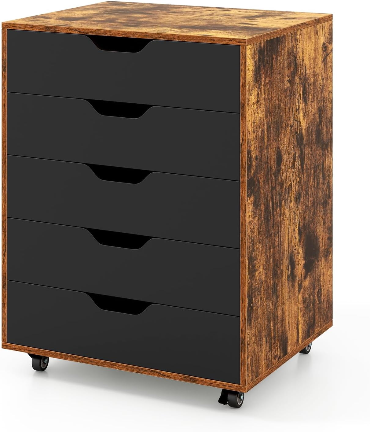 POWERSTONE 5 Drawers Chest Wood Storage Cabinets with Locking Wheels Filing Cabinet Under Desk Storage for Office Home, Black
