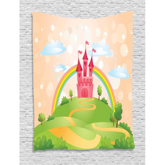 Fairy Tale Tapestry, Pink Castle on the Hill Above Vibrant Rainbow Figure on a Pink Sky Spring Day, Wall Hanging for Bedroom Living Room Dorm Decor, 60W X 80L Inches, Multicolor, by Ambesonne