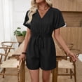thumbnail image 2 of Morttic Women's Solid Color Casual V-Neck Short Sleeve Jumpsuit – Elastic Drawstring Waist Summer Daily & Vacation Wear Black，S, 2 of 7