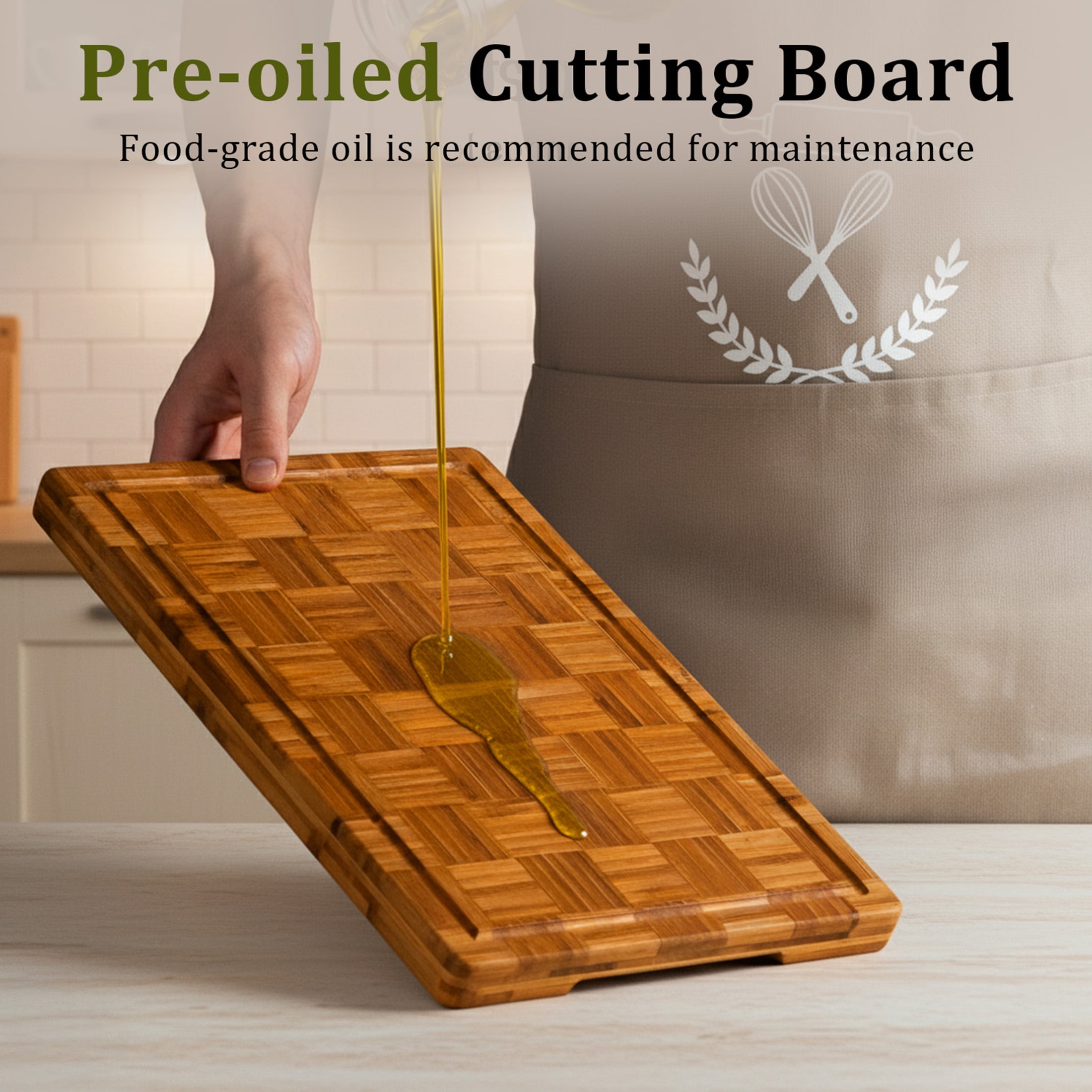 Kikcoin 4-piece Extra Large Bamboo Cutting Board, Wood Chopping Board for Kitchen with Juice Groove, Butcher Block End Grain Serving Tray