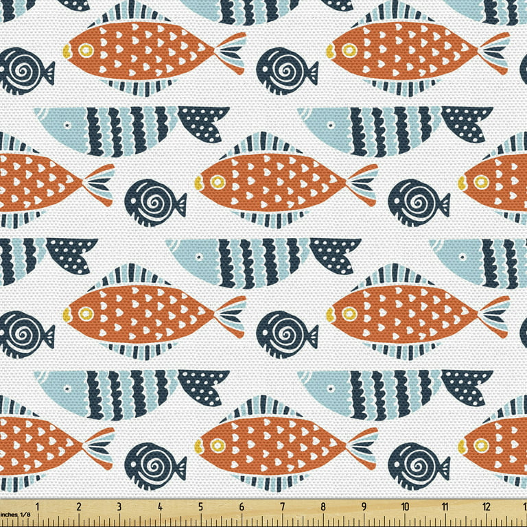 Fish Fabric by the Yard, Pattern with Marine Cartoon Animal, Decorative  Upholstery Fabric for Sofas and Home Accents, White Blue Grey Orange by